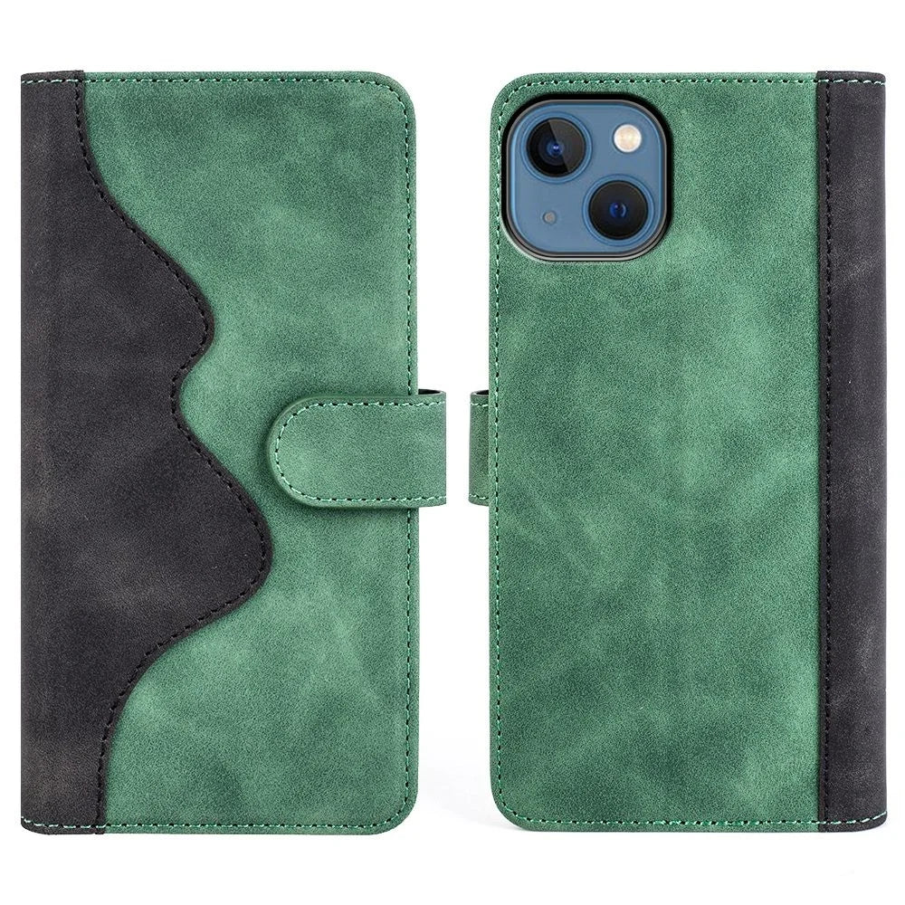 For iPhone 14 6.1 inch Fall Proof Splicing Design Protective Case PU Leather Wallet Stand Phone Shell - Green - 1