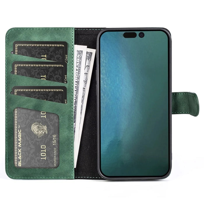 For iPhone 14 6.1 inch Fall Proof Splicing Design Protective Case PU Leather Wallet Stand Phone Shell - Green - 2