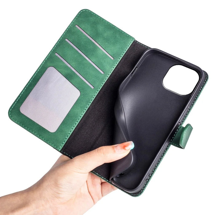 For iPhone 14 6.1 inch Fall Proof Splicing Design Protective Case PU Leather Wallet Stand Phone Shell - Green - 4