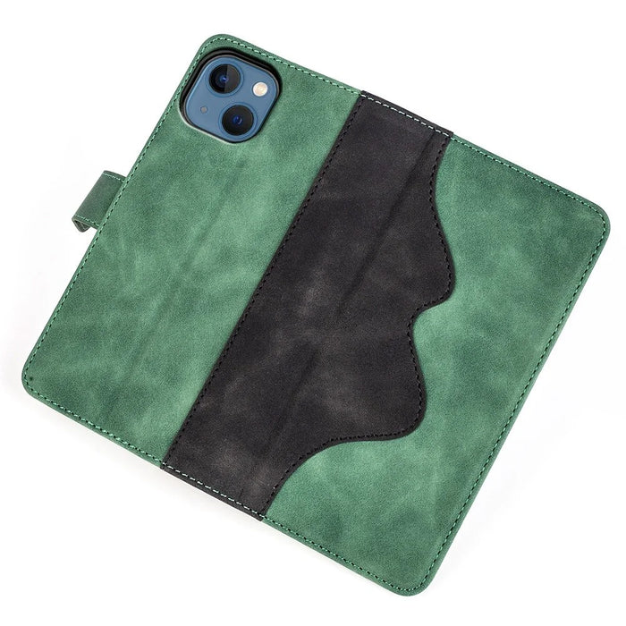 For iPhone 14 6.1 inch Fall Proof Splicing Design Protective Case PU Leather Wallet Stand Phone Shell - Green - 5
