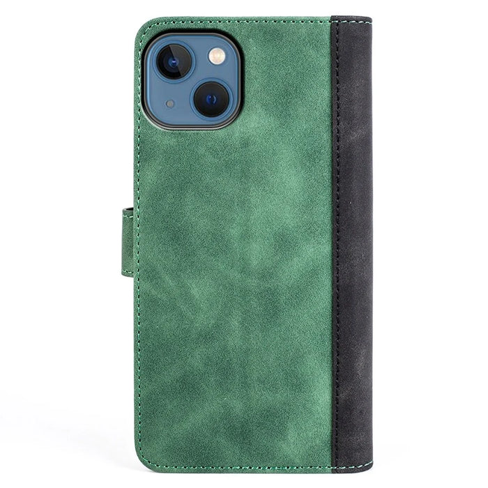 For iPhone 14 6.1 inch Fall Proof Splicing Design Protective Case PU Leather Wallet Stand Phone Shell - Green - 6