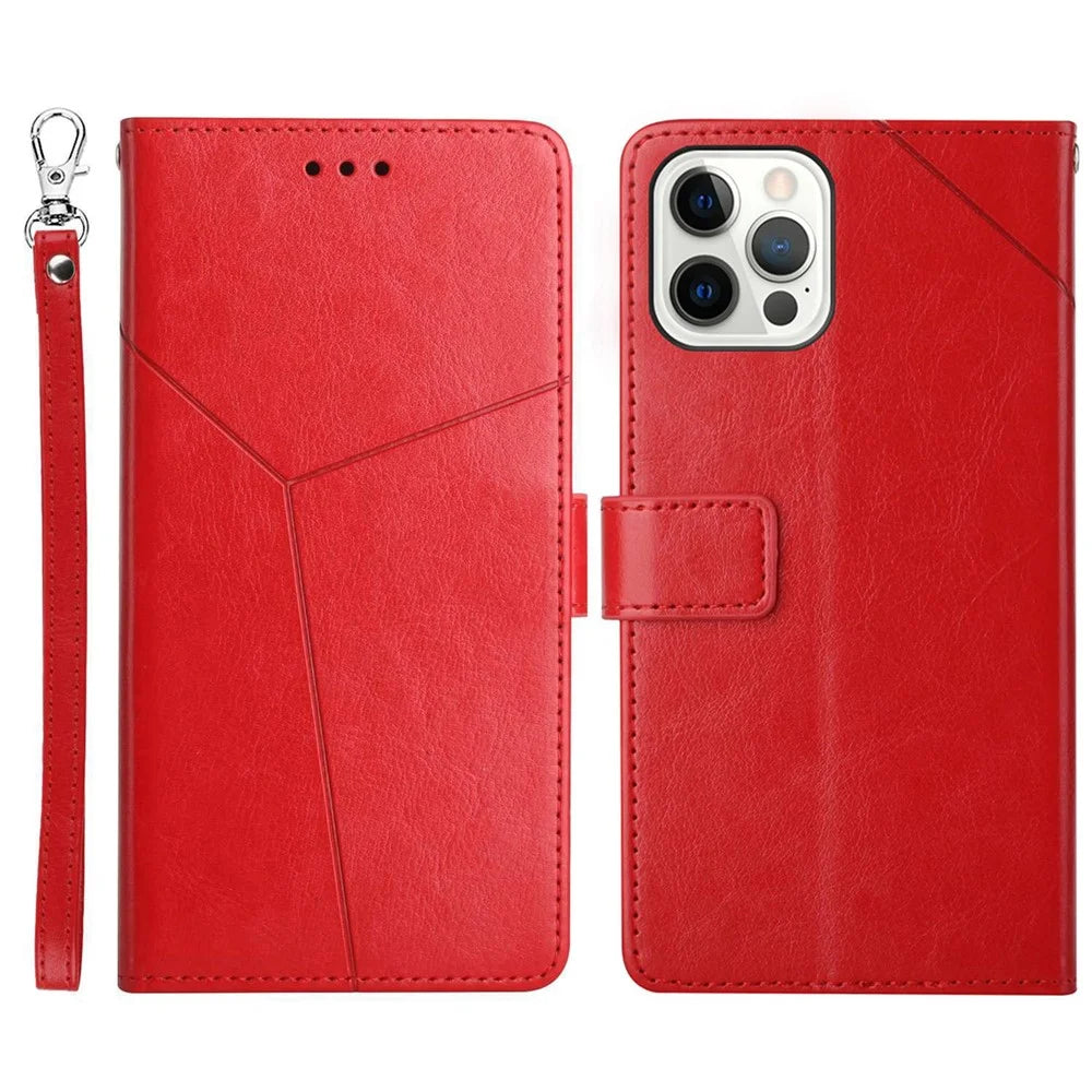 For iPhone 14 Pro Max 6.7 inch Cell Phone Cover Fully Wrapped PU Leather Y-Shaped Lines Imprinting Wallet Stand Phone Case - Red - 1