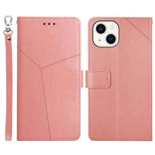 For iPhone 14 Pro 6.1 inch All-round Shockproof Cell Phone Cover PU Leather Y-Shaped Lines Imprinting Wallet Stand Phone Case - Pink - 1