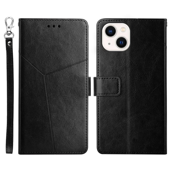 For iPhone 14 6.1 inch Full Coverage Cell Phone Cover PU Leather Y-Shaped Lines Imprinting Wallet Stand Phone Case - Black - 1