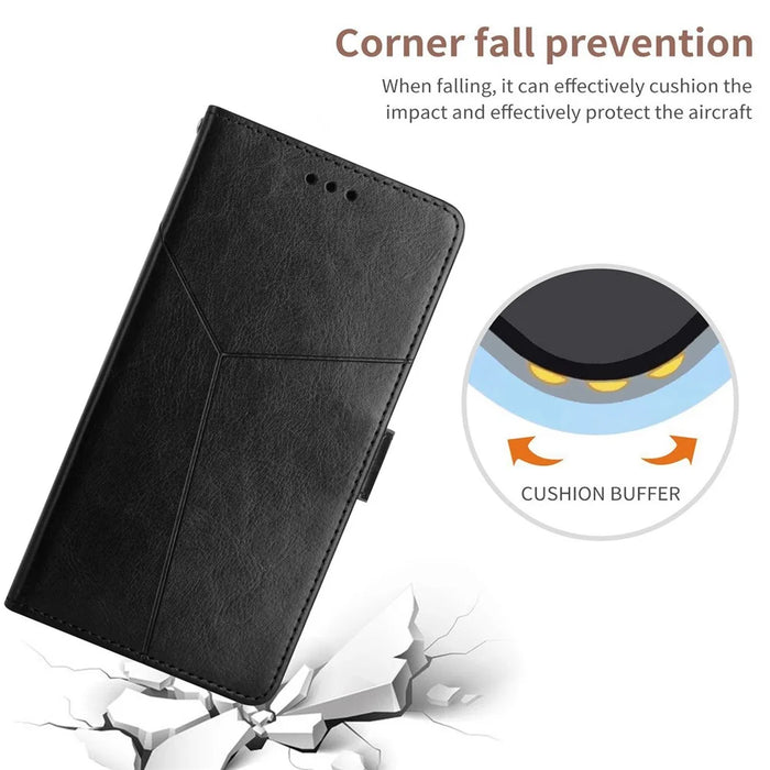For iPhone 14 6.1 inch Full Coverage Cell Phone Cover PU Leather Y-Shaped Lines Imprinting Wallet Stand Phone Case - Black - 4
