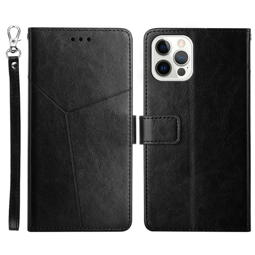 For iPhone 14 Plus 6.7 inch Cell Phone Cover PU Leather Y-Shaped Lines Imprinting Full Protection Wallet Stand Phone Case - Black - 1
