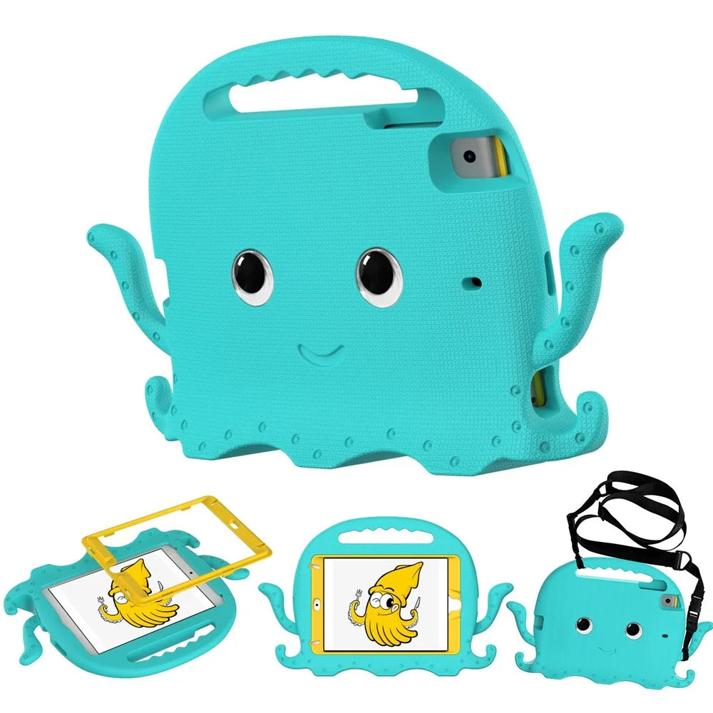 For iPad Mini/Mini 2/mini 3/mini 4/mini (2019) 7.9 inch EVA Tablet Case Cute Cartoon Octopus Protective Cover Pen Slot Design Anti-drop Case with Handle and Shoulder Strap - Baby Blue - 1