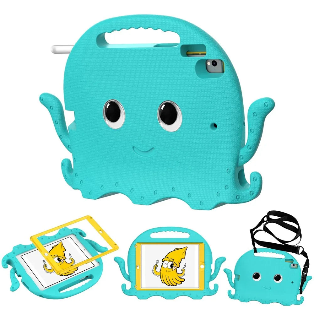 For iPad 9.7-inch (2017)/(2018)/iPad Pro 9.7 inch (2016) Portable EVA Case Cute Cartoon Octopus Pen Slot Design Anti-drop Tablet Protective Cover with Handle and Shoulder Strap - Baby Blue - 1