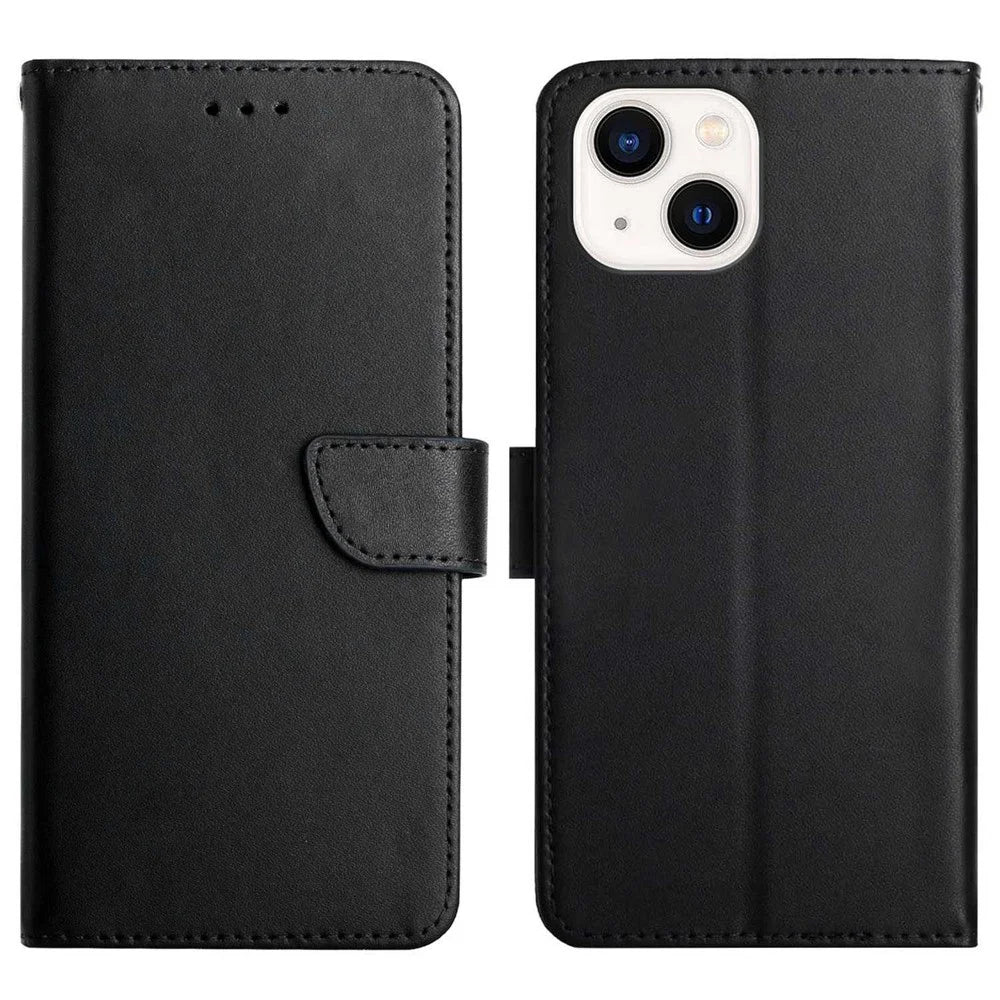 For iPhone 14 Plus 6.7 inch Wallet Stand Nappa Texture Genuine Leather Cover All-round Protection Phone Case - Black - 1