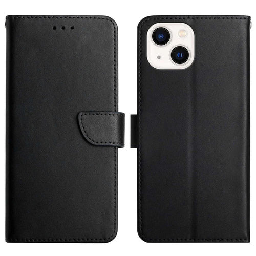 For iPhone 14 Plus 6.7 inch Wallet Stand Nappa Texture Genuine Leather Cover All-round Protection Phone Case - Black - 1