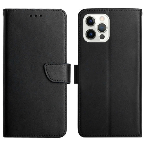 Nappa Texture Genuine Leather Case for iPhone 14 Pro 6.1 inch, Wallet Style Foldable Stand Phone Cover - Black - 1
