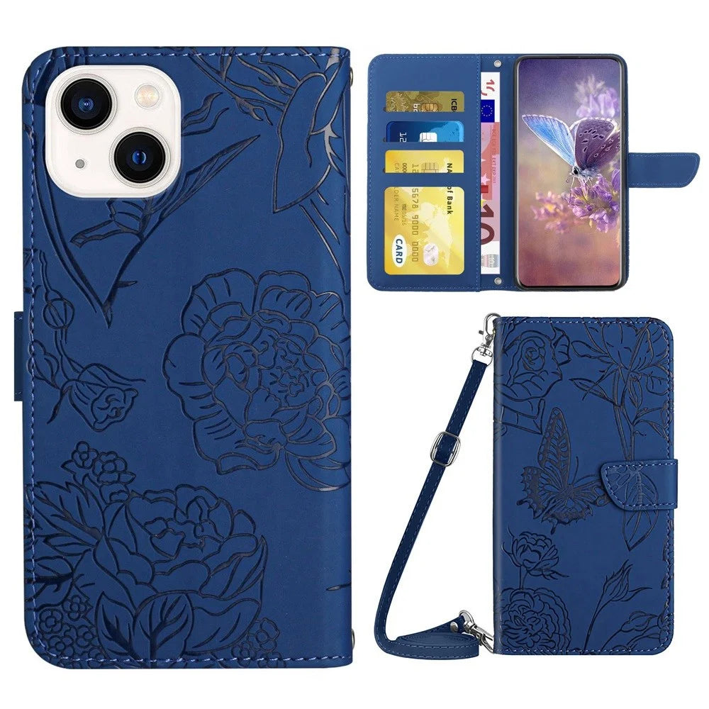 For iPhone 14 Plus 6.7 inch Imprinting Butterfly Flowers PU Leather Case with Shoulder Strap, Wallet Stand Phone Shell - Blue - 1