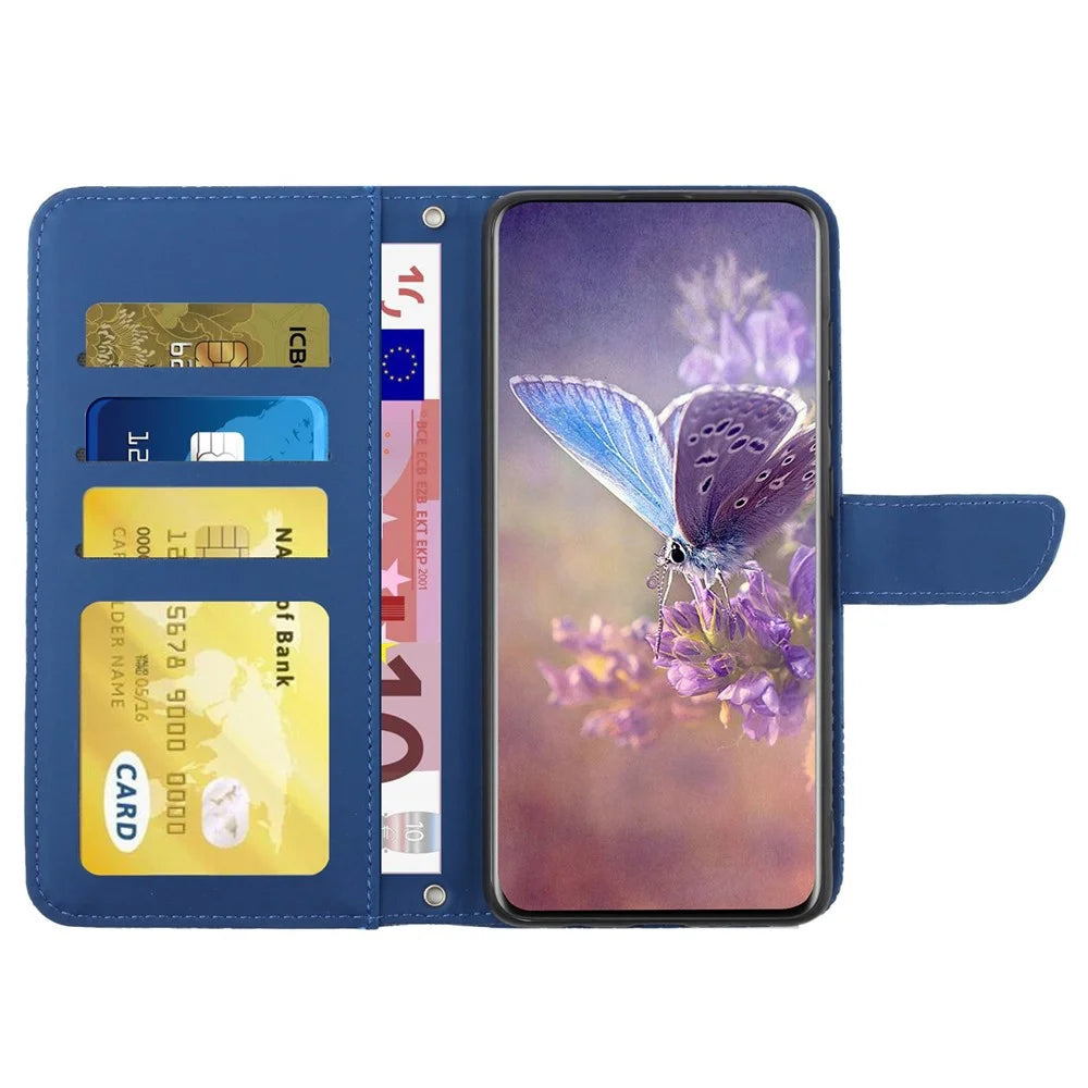 For iPhone 14 Plus 6.7 inch Imprinting Butterfly Flowers PU Leather Case with Shoulder Strap, Wallet Stand Phone Shell - Blue - 2