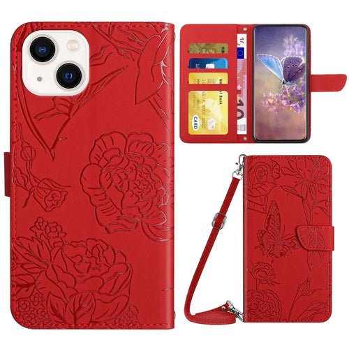 Imprinting Butterfly Flowers Case for iPhone 14 6.1 inch, Adjustable Stand PU Leather Wallet Phone Shell with Shoulder Strap - Red - 1