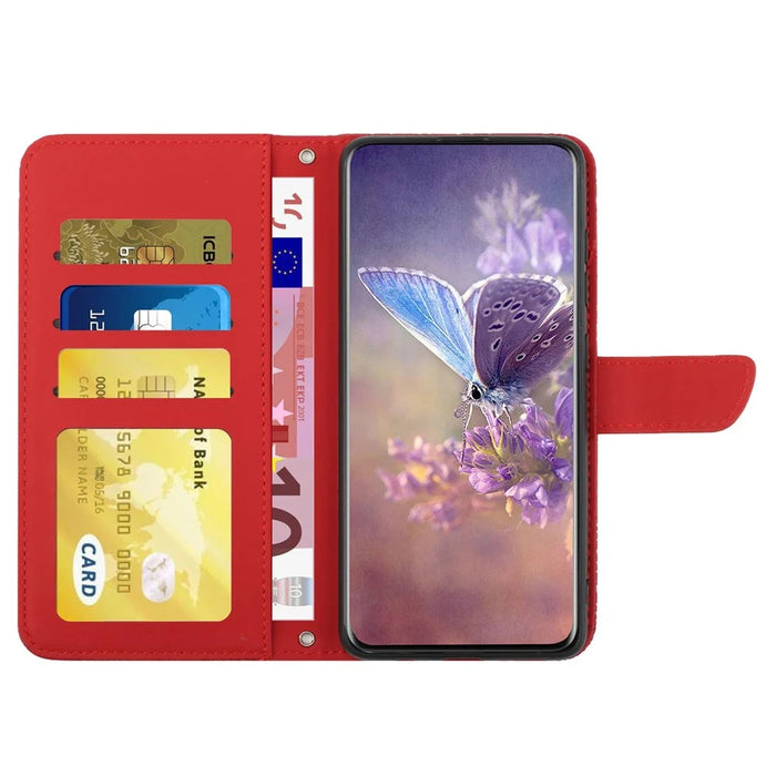 Imprinting Butterfly Flowers Case for iPhone 14 6.1 inch, Adjustable Stand PU Leather Wallet Phone Shell with Shoulder Strap - Red - 2