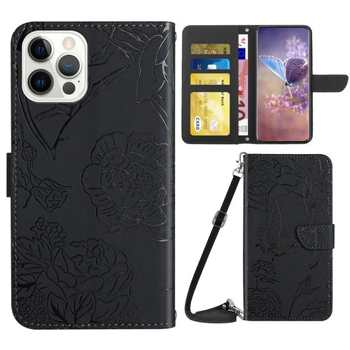 For iPhone 14 Pro 6.1 inch Imprinting Butterfly Flowers Phone Case PU Leather Inner TPU Wallet Stand Cover with Shoulder Strap - Black - 1