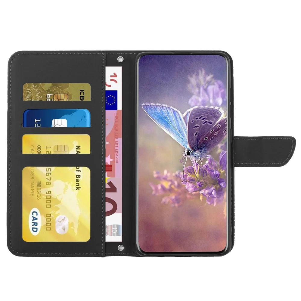 For iPhone 14 Pro 6.1 inch Imprinting Butterfly Flowers Phone Case PU Leather Inner TPU Wallet Stand Cover with Shoulder Strap - Black - 2