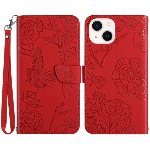For iPhone 14 6.1 inch Imprinting Butterfly Flowers Skin-touch Phone Case PU Leather Stand Wallet Shell with Handy Strap - Red - 1