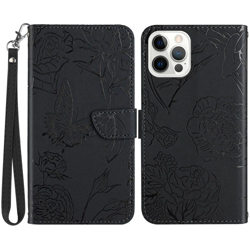 For iPhone 14 Pro 6.1 inch Butterfly Flowers Imprinted Stand Leather Case Wallet Phone Cover with Handy Strap - Black - 1