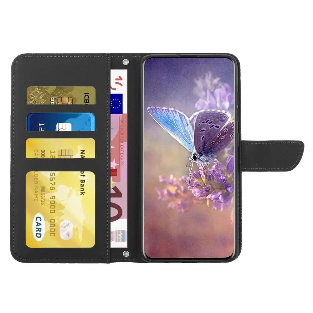 For iPhone 14 Pro 6.1 inch Butterfly Flowers Imprinted Stand Leather Case Wallet Phone Cover with Handy Strap - Black - 2
