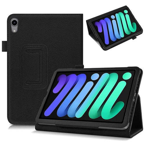 Well-Protected Shockproof Case for iPad mini (2024) / mini (2021) Litchi Texture PU Leather Folio Flip Cover Folding Stand Tablet Case - Black - 1