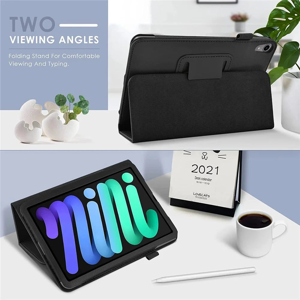 Well-Protected Shockproof Case for iPad mini (2024) / mini (2021) Litchi Texture PU Leather Folio Flip Cover Folding Stand Tablet Case - Black - 2