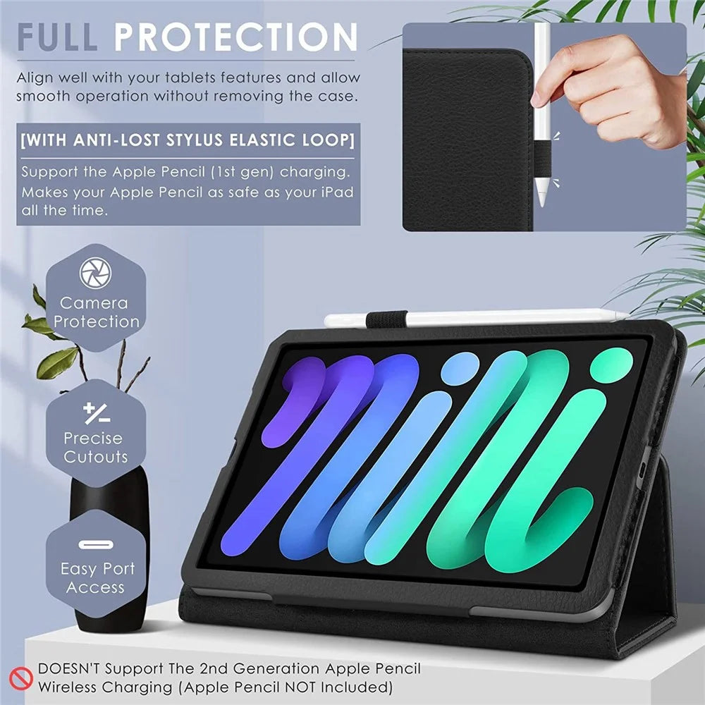Well-Protected Shockproof Case for iPad mini (2024) / mini (2021) Litchi Texture PU Leather Folio Flip Cover Folding Stand Tablet Case - Black - 3