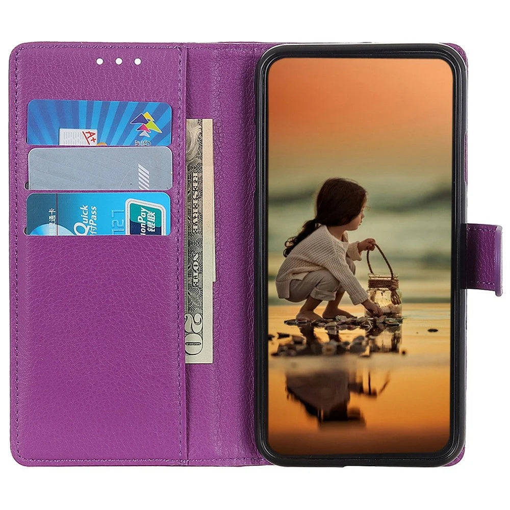 For iPhone 14 Pro Max 6.7 inch Litchi Texture Anti-fall Protection PU Leather Cover Stand Magnetic Wallet Cell Phone Case - Purple - 3
