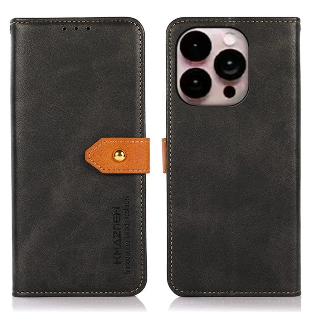 KHAZNEH for iPhone 14 Pro Max 6.7 inch Full Coverage Phone Cover Protective Case Shockproof Stand Cover Dual Color Leather Folio Flip Wallet Phone Case with Buckle - Black - 1