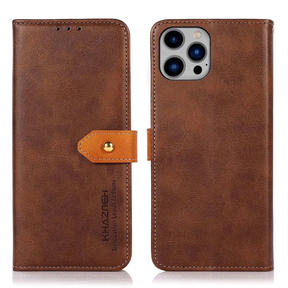 KHAZNEH for iPhone 14 Plus 6.7 inch Phone Protector Foldable Stand Shell Dual Color Leather Flip Wallet Phone Case with Buckle - Brown - 1
