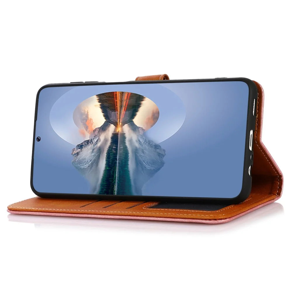 KHAZNEH for iPhone 14 Plus 6.7 inch Phone Protector Foldable Stand Shell Dual Color Leather Flip Wallet Phone Case with Buckle - Brown - 3
