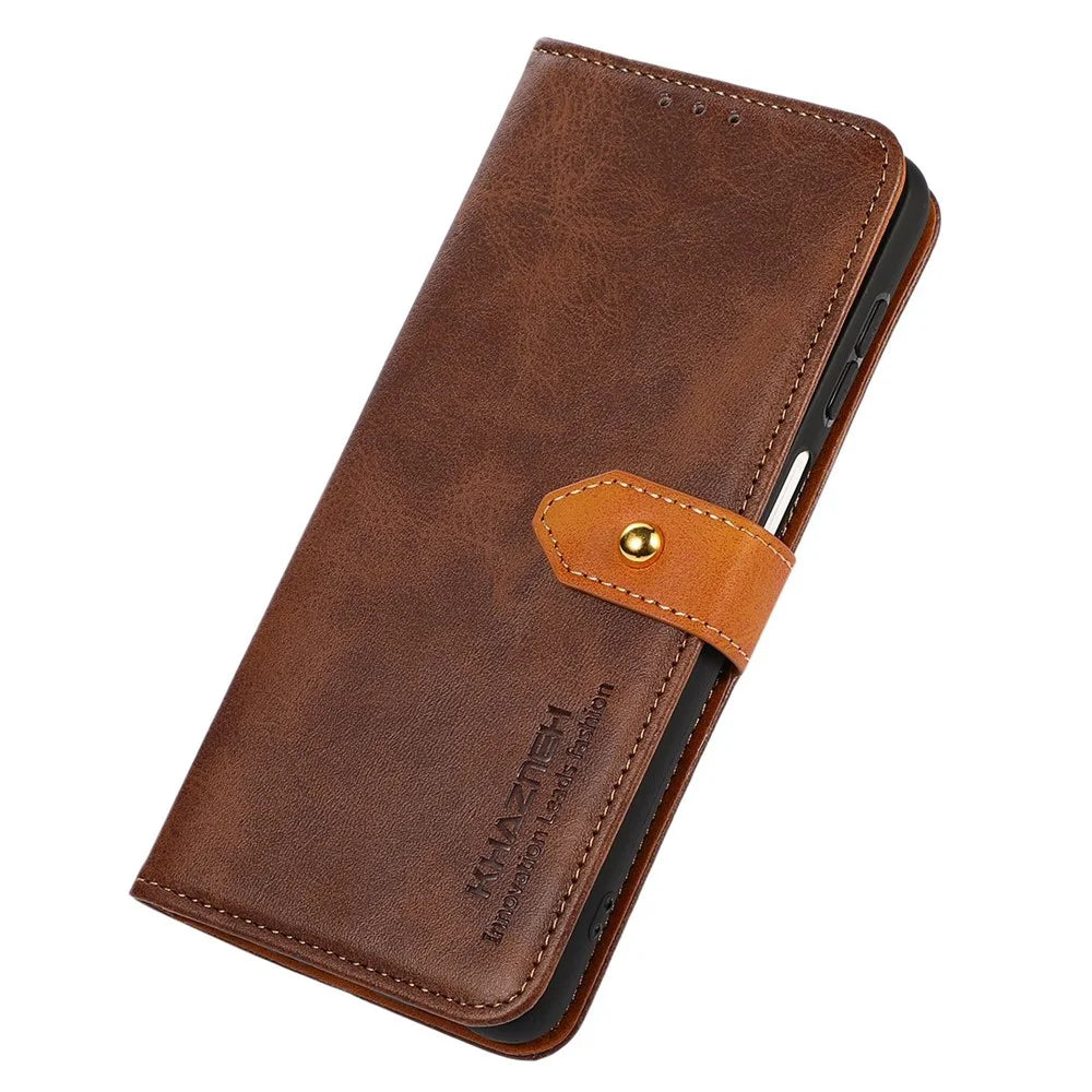KHAZNEH for iPhone 14 Plus 6.7 inch Phone Protector Foldable Stand Shell Dual Color Leather Flip Wallet Phone Case with Buckle - Brown - 5