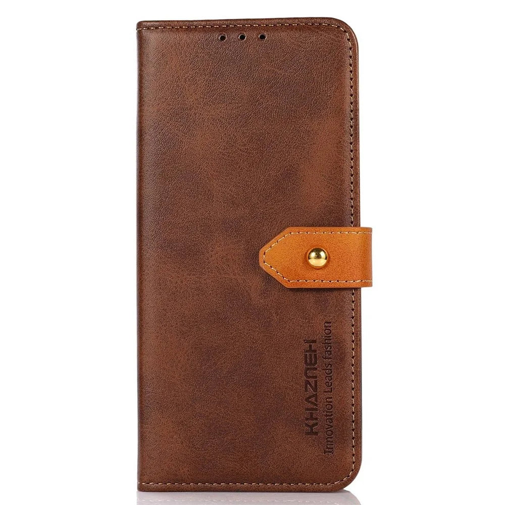 KHAZNEH for iPhone 14 Plus 6.7 inch Phone Protector Foldable Stand Shell Dual Color Leather Flip Wallet Phone Case with Buckle - Brown - 6