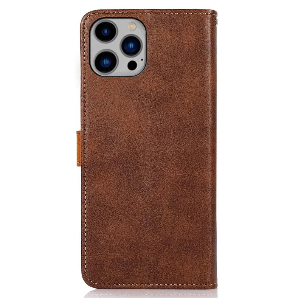 KHAZNEH for iPhone 14 Plus 6.7 inch Phone Protector Foldable Stand Shell Dual Color Leather Flip Wallet Phone Case with Buckle - Brown - 7