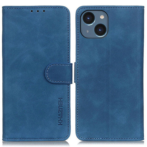 KHAZNEH For iPhone 14 6.1 inch Anti-dust Protective Cover Stand Wallet Vintage Textured PU Leather Anti-fall Cellphone Case - Blue - 1
