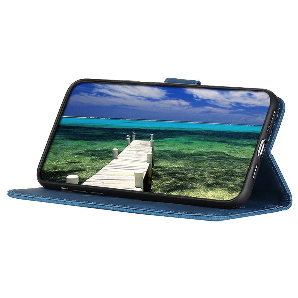 KHAZNEH For iPhone 14 6.1 inch Anti-dust Protective Cover Stand Wallet Vintage Textured PU Leather Anti-fall Cellphone Case - Blue - 3