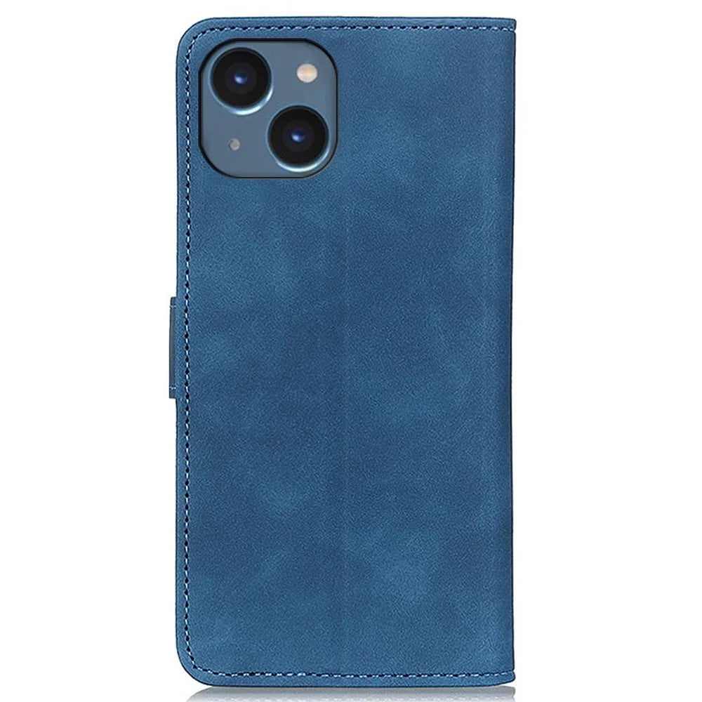 KHAZNEH For iPhone 14 6.1 inch Anti-dust Protective Cover Stand Wallet Vintage Textured PU Leather Anti-fall Cellphone Case - Blue - 7