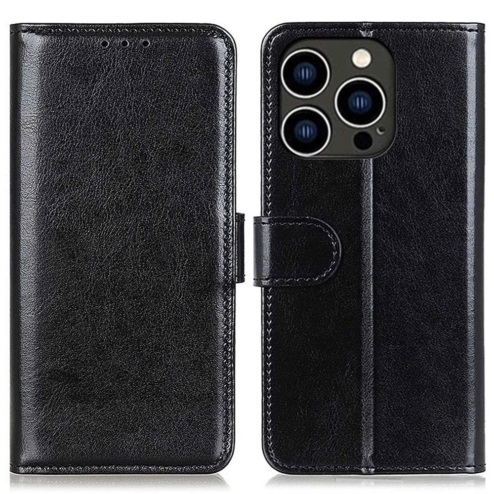 For iPhone 14 Pro 6.1 inch Crazy Horse Texture Phone Case Shockproof Stand Cover with Card Slots PU Leather Wallet Magnetic Protective Shell - Black - 1