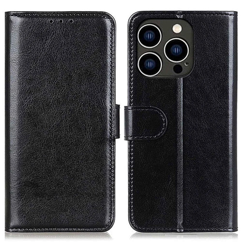 For iPhone 14 Pro 6.1 inch Crazy Horse Texture Phone Case Shockproof Stand Cover with Card Slots PU Leather Wallet Magnetic Protective Shell - Black - 1