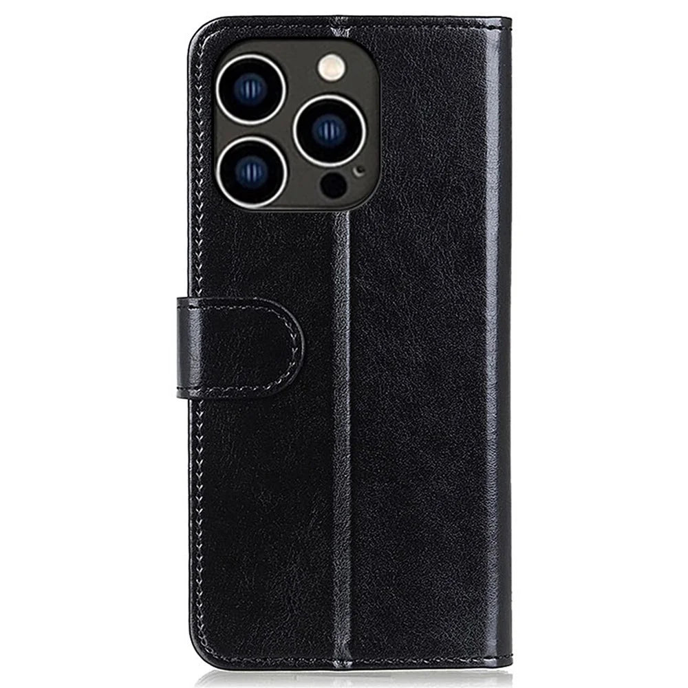 For iPhone 14 Pro 6.1 inch Crazy Horse Texture Phone Case Shockproof Stand Cover with Card Slots PU Leather Wallet Magnetic Protective Shell - Black - 7