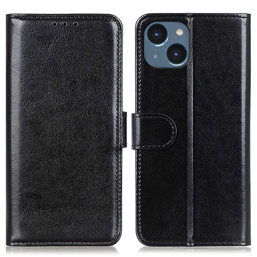 For iPhone 14 6.1 inch Crazy Horse Texture Phone Cover Shockproof Stand Case PU Leather Wallet Magnetic Protective Shell with Card Slots- Black - 1