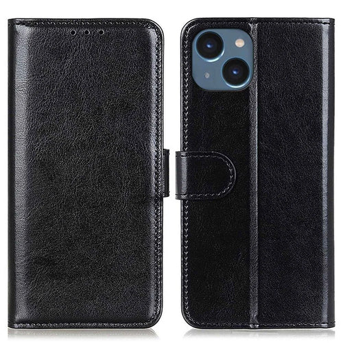 For iPhone 14 6.1 inch Crazy Horse Texture Phone Cover Shockproof Stand Case PU Leather Wallet Magnetic Protective Shell with Card Slots- Black - 1