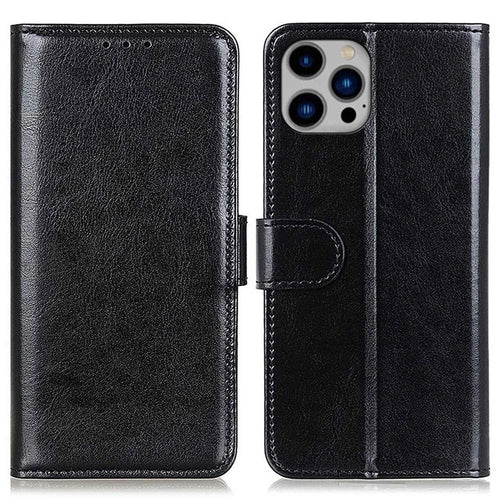 For iPhone 14 Plus 6.7 inch Crazy Horse Texture Phone Case Shockproof Stand Cover PU Leather Wallet Ant-drop Magnetic Protective Shell - Black - 1