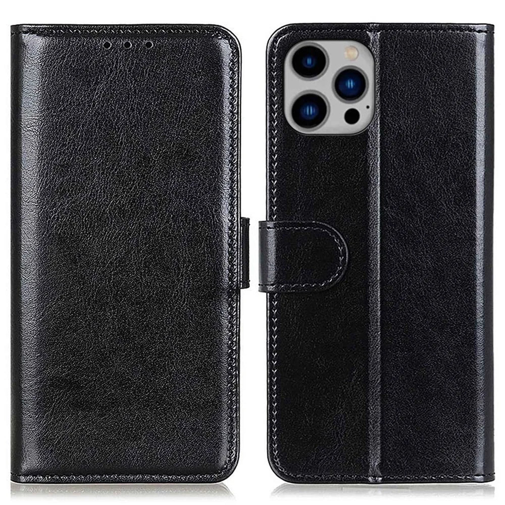For iPhone 14 Plus 6.7 inch Crazy Horse Texture Phone Case Shockproof Stand Cover PU Leather Wallet Ant-drop Magnetic Protective Shell - Black - 1