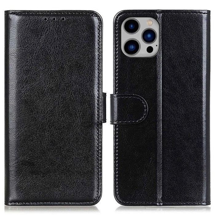 For iPhone 14 Plus 6.7 inch Crazy Horse Texture Phone Case Shockproof Stand Cover PU Leather Wallet Ant-drop Magnetic Protective Shell - Black - 1