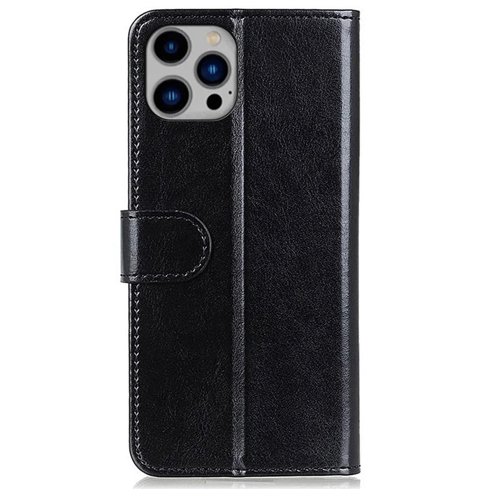 For iPhone 14 Plus 6.7 inch Crazy Horse Texture Phone Case Shockproof Stand Cover PU Leather Wallet Ant-drop Magnetic Protective Shell - Black - 7