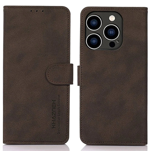 KHAZNEH For iPhone 14 Pro 6.1 inch Flip Stand Phone Cover Wallet Shockproof Case Textured PU Leather Magnetic Clasp Protective Cover - Brown - 1