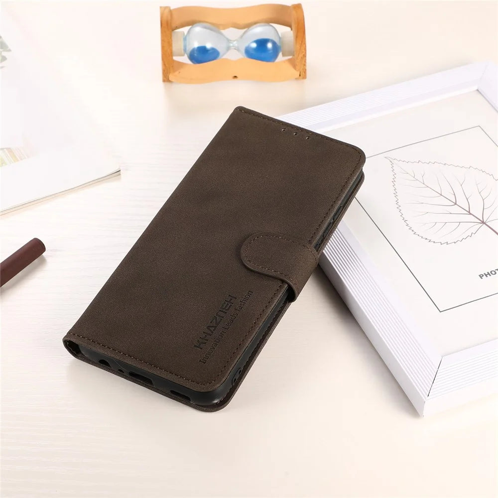 KHAZNEH For iPhone 14 Pro 6.1 inch Flip Stand Phone Cover Wallet Shockproof Case Textured PU Leather Magnetic Clasp Protective Cover - Brown - 6