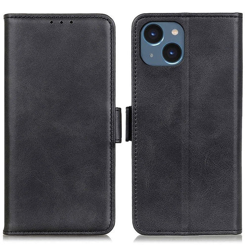 For iPhone 14 6.1 inch Textured Leather Flip Folio Wallet Case Dual Magnetic Clasps Protect Folding Stand Cover - Black - 1