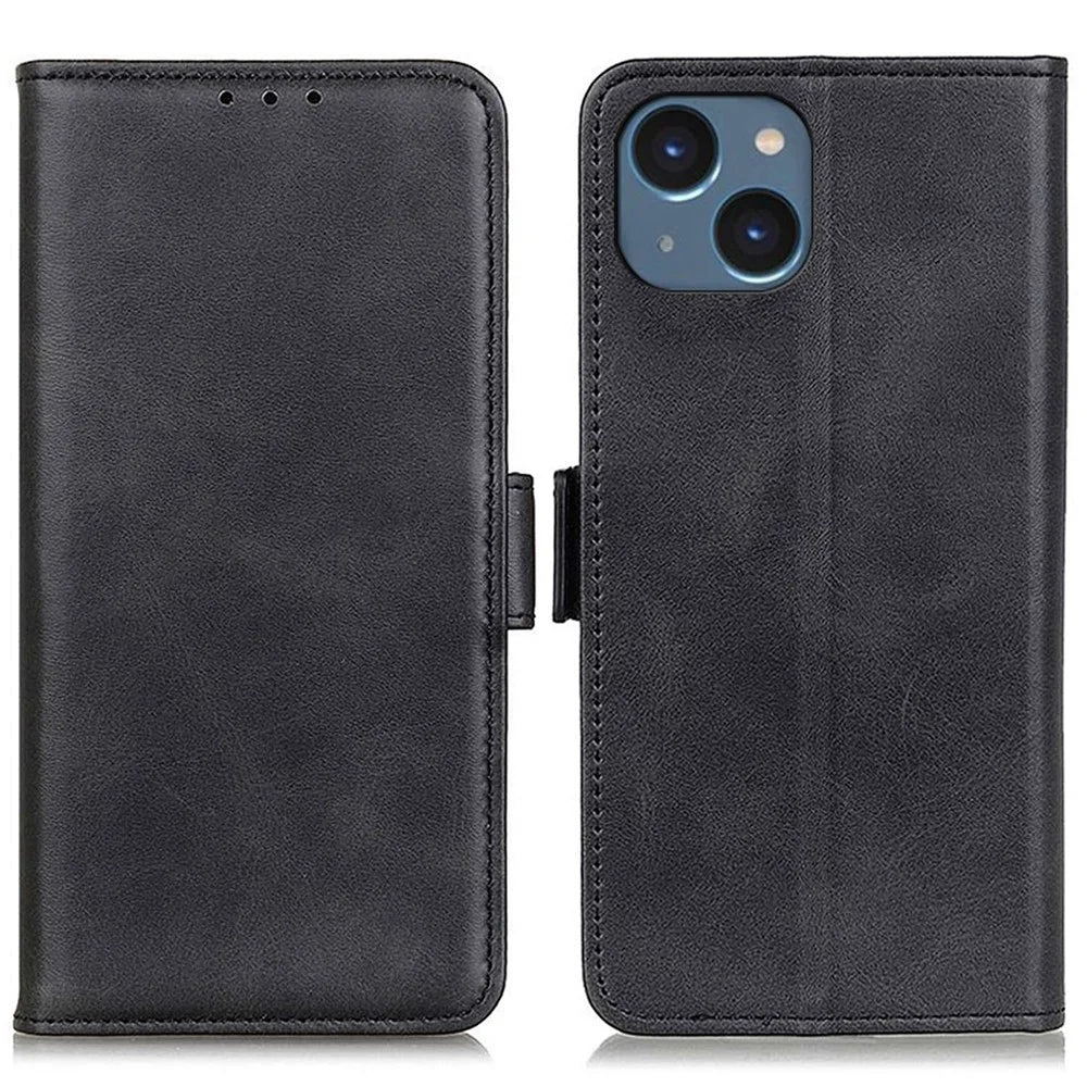 For iPhone 14 6.1 inch Textured Leather Flip Folio Wallet Case Dual Magnetic Clasps Protect Folding Stand Cover - Black - 1